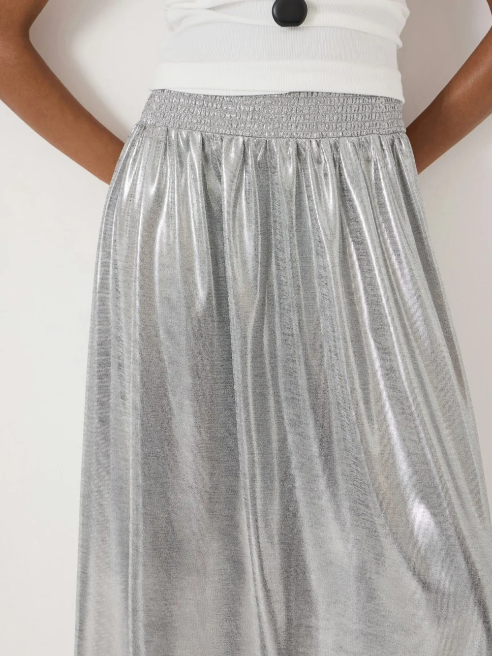 hush Mara Metallic Shirred Waistband Jersey Midi Skirt, view 2