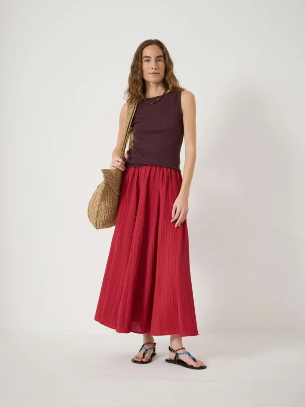 hush Mavi Godet Crinkle Midi Skirt in Ruby Red