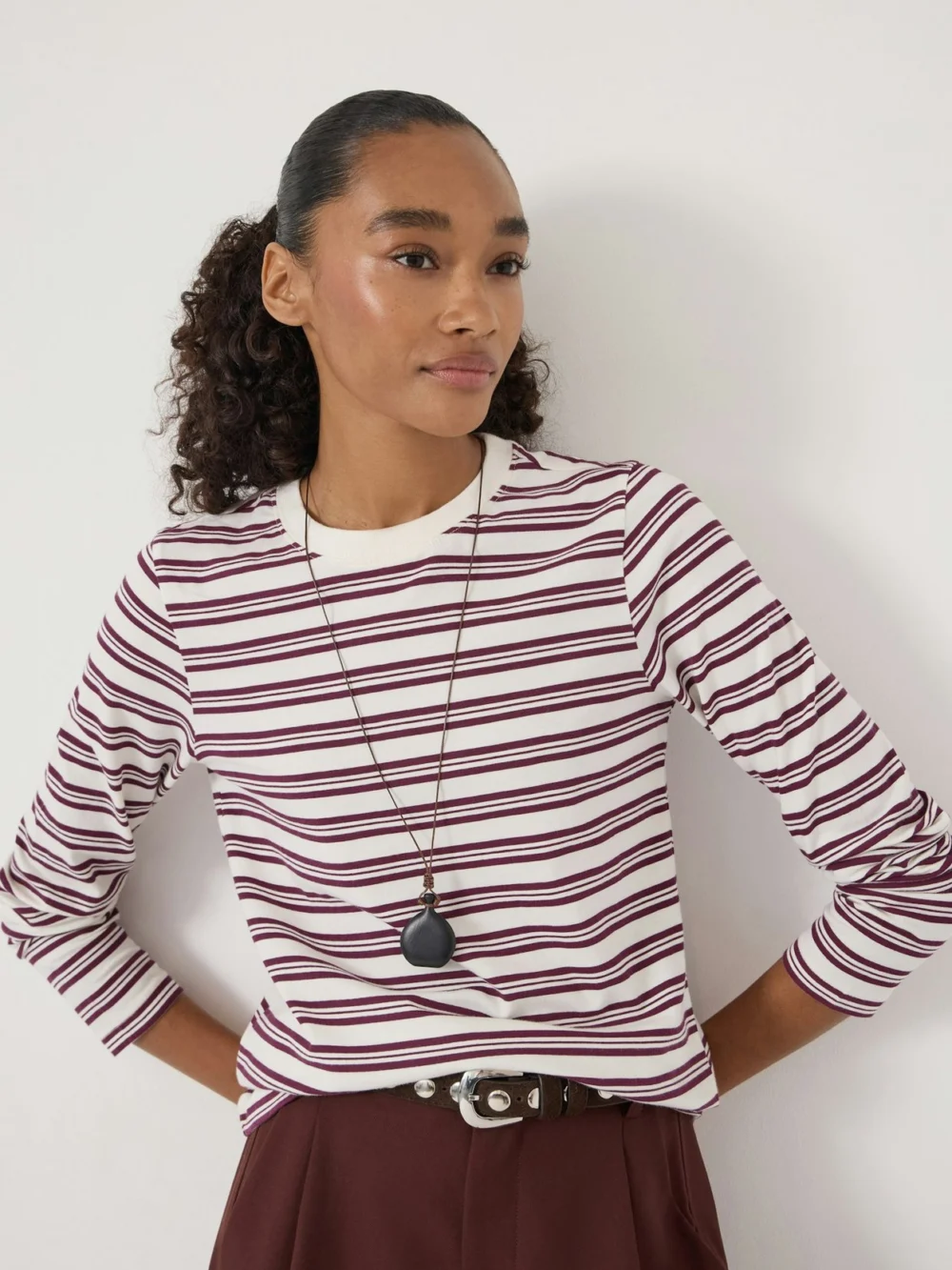 hush Mia Stripe Slim Long Sleeve in Wine Red, view 2