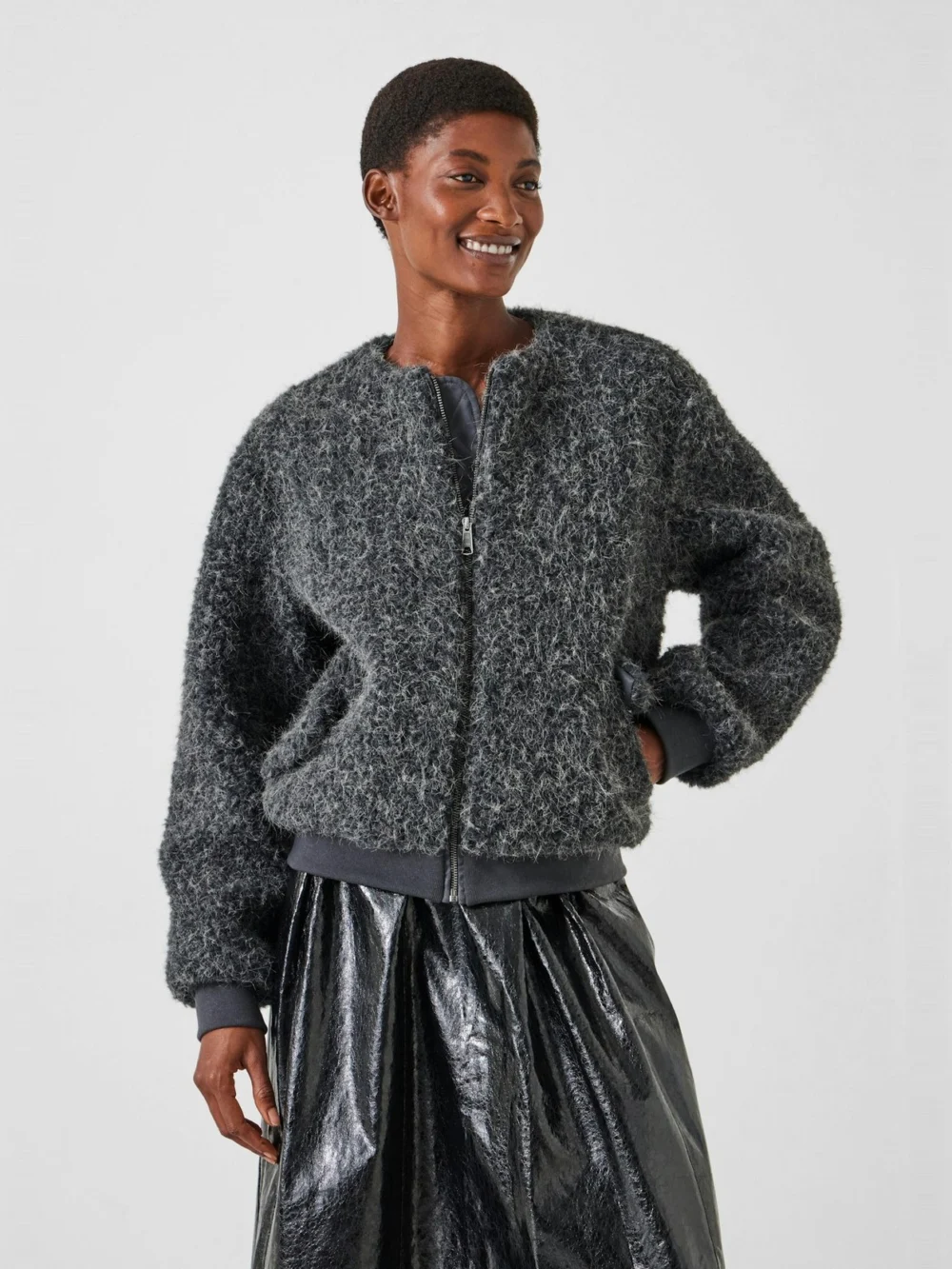 hush Miffy Zip Front Faux Fur Bomber Jacket in charcoal grey