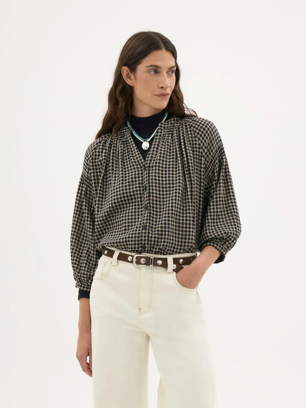 hush Mila Gathered Sleeve Check Blouse in mini check black