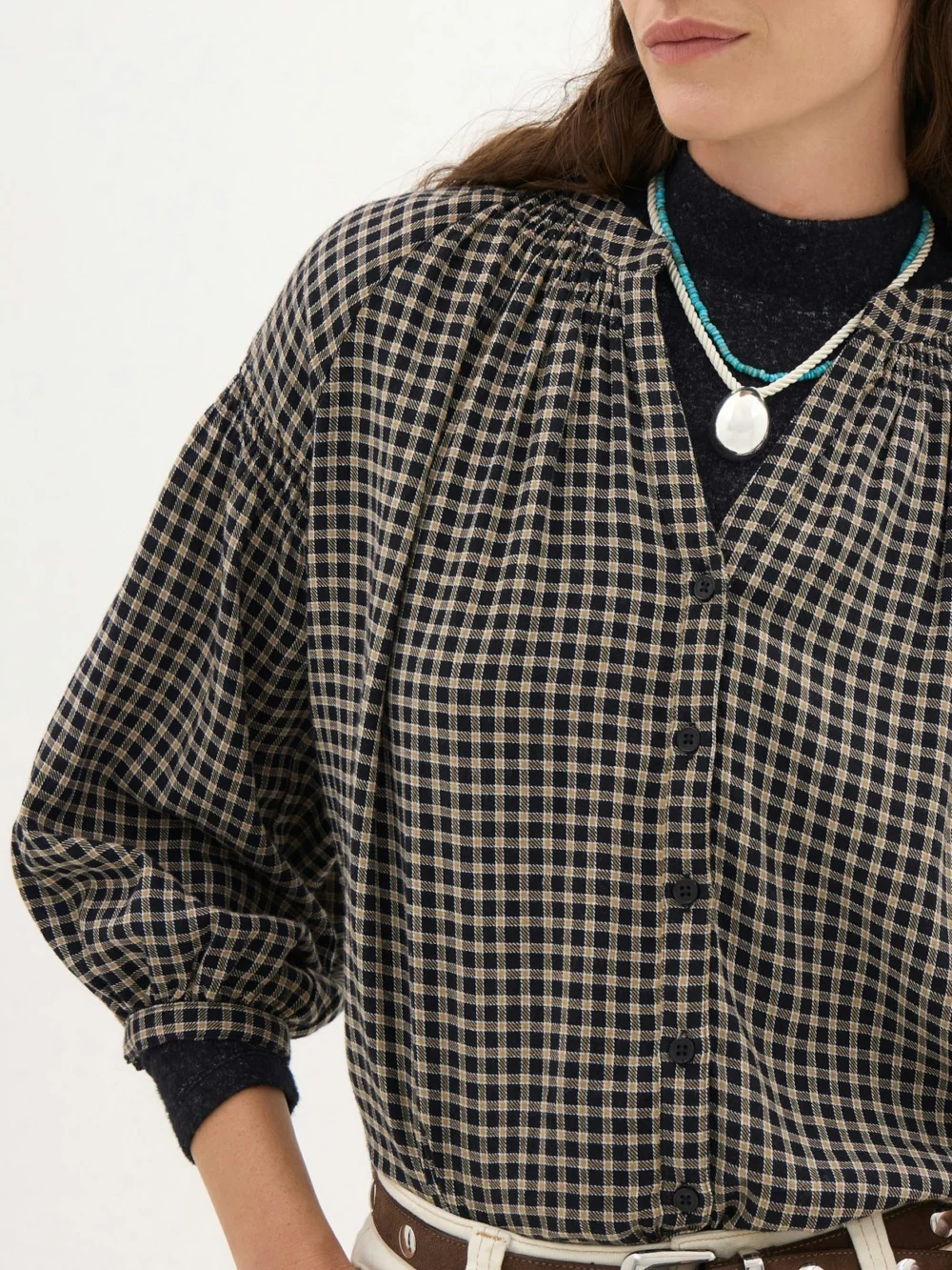 hush Mila Gathered Sleeve Check Blouse, view 2