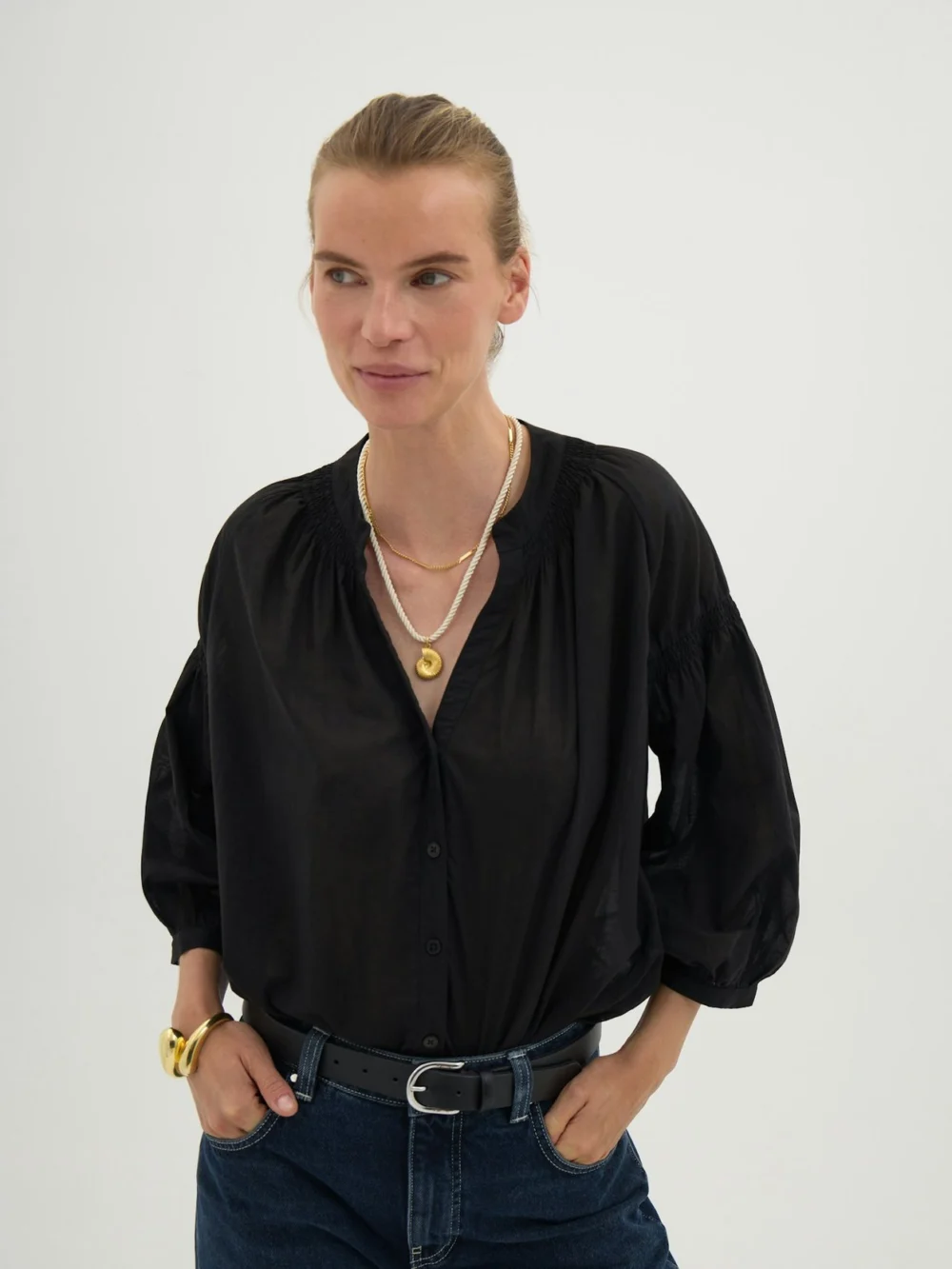 hush Mila Gathered Sleeve Cotton Voile Blouse in Black