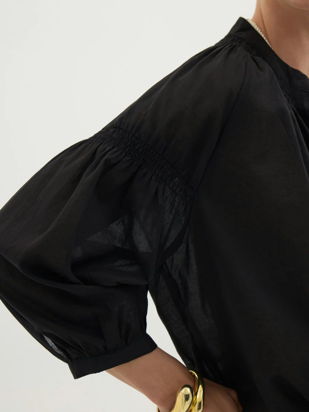 hush Mila Gathered Sleeve Cotton Voile Blouse in Black, view 2