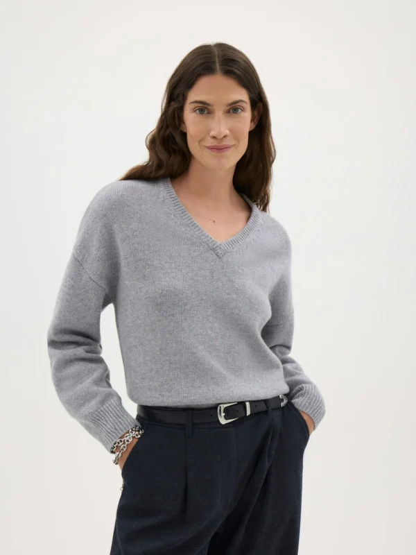 hush Millie Merino Wool V Neck Jumper in Light Grey Marl