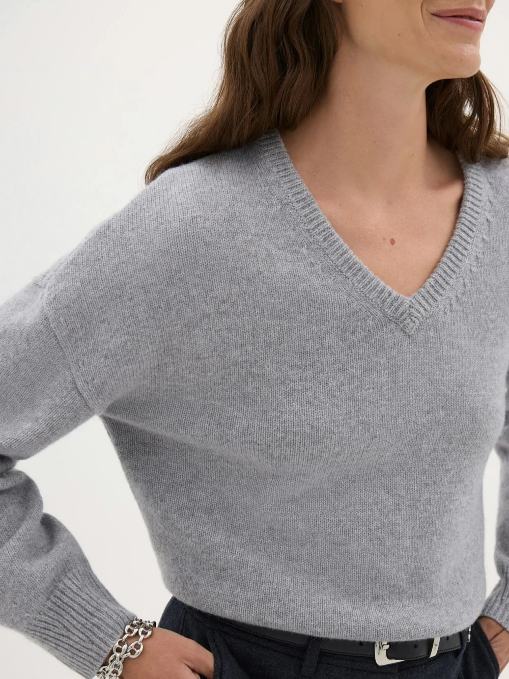 hush Millie Merino Wool V Neck Jumper in Light Grey Marl, view 2