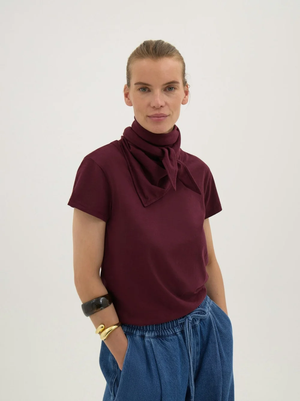 hush Minna Slim Fit Slub T-Shirt with Detachable Scarf in Deep Wine