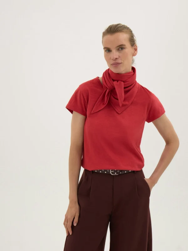hush Minna Slim Fit Slub T-Shirt with Detachable Scarf in Dusty Red