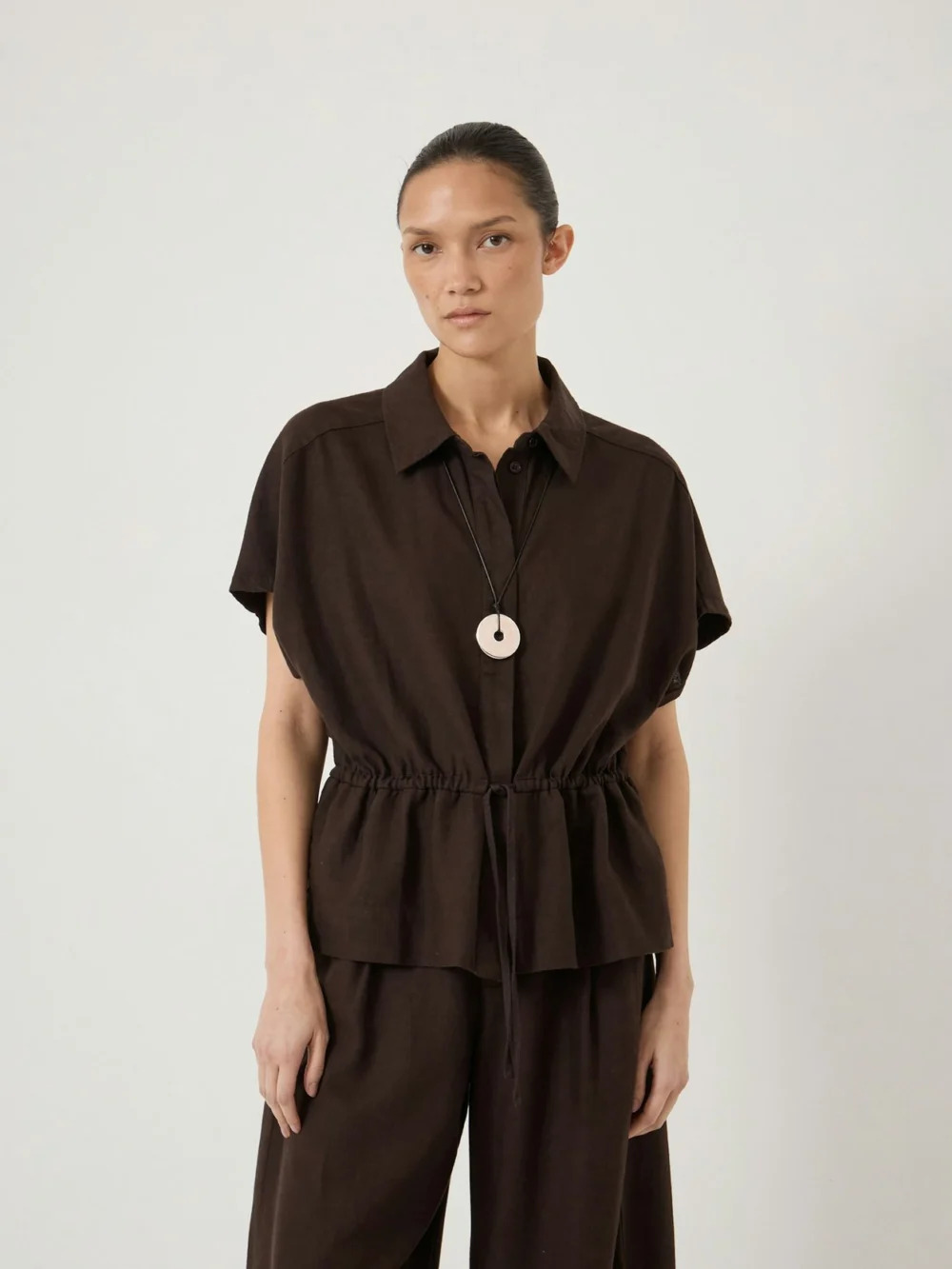 hush Mirai Linen Blend Short Sleeve Shirt in Dark Brown
