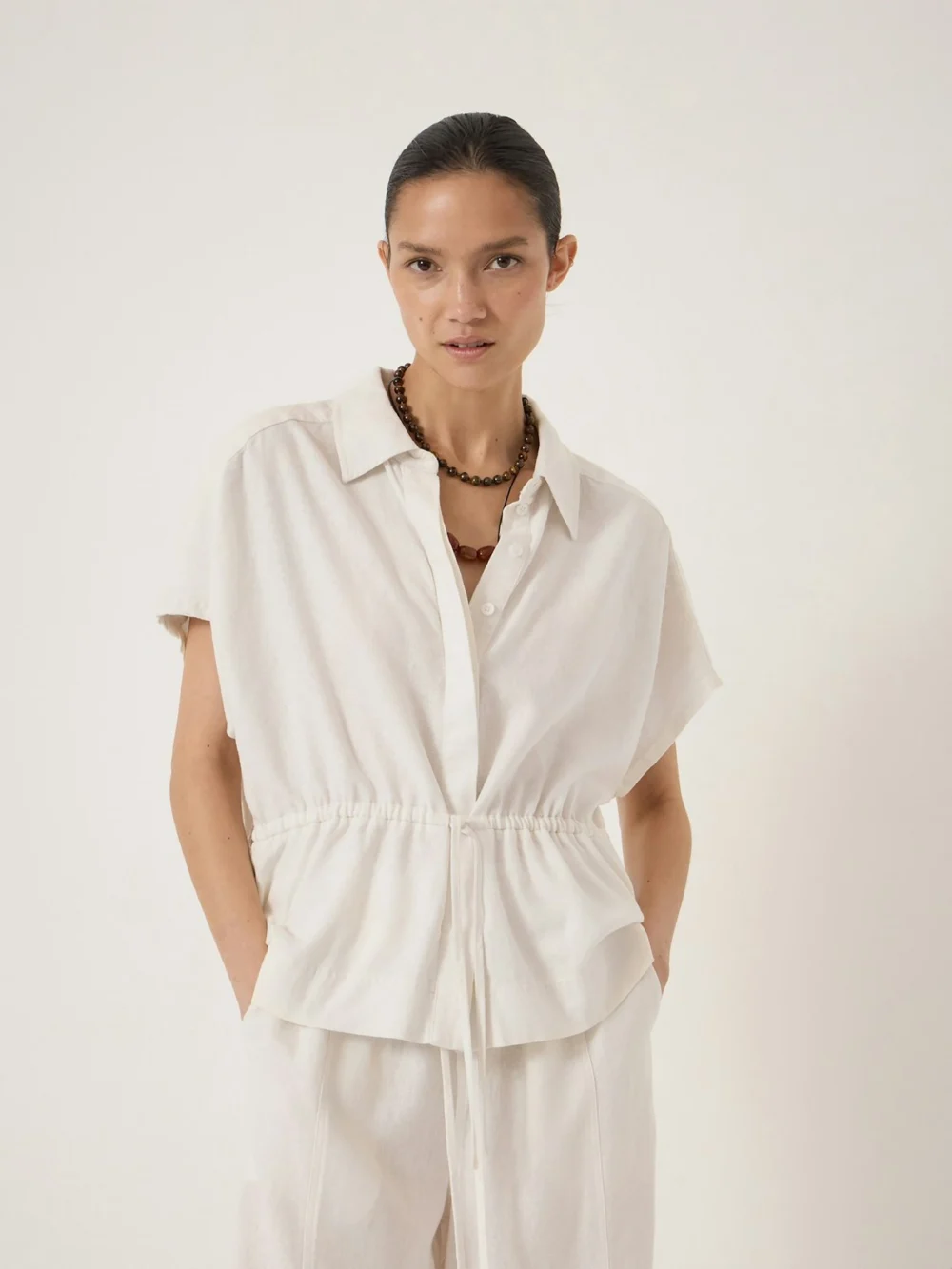 hush Mirai Linen Blend Short Sleeve Shirt in White