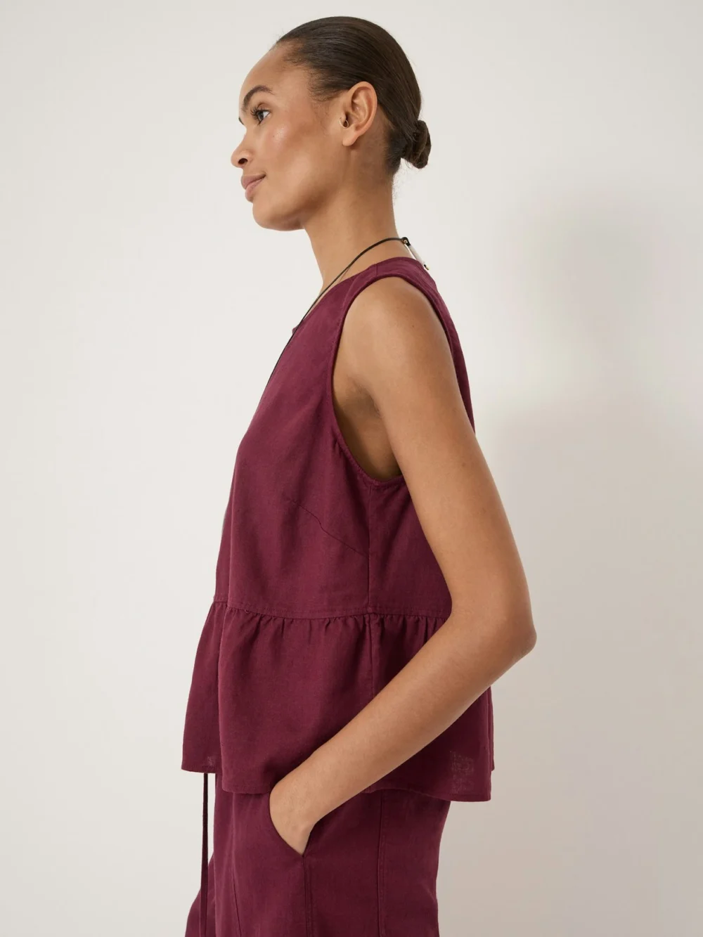 hush Nomie Sleeveless Linen Blend Peplum Top in Maroon Red, view 2
