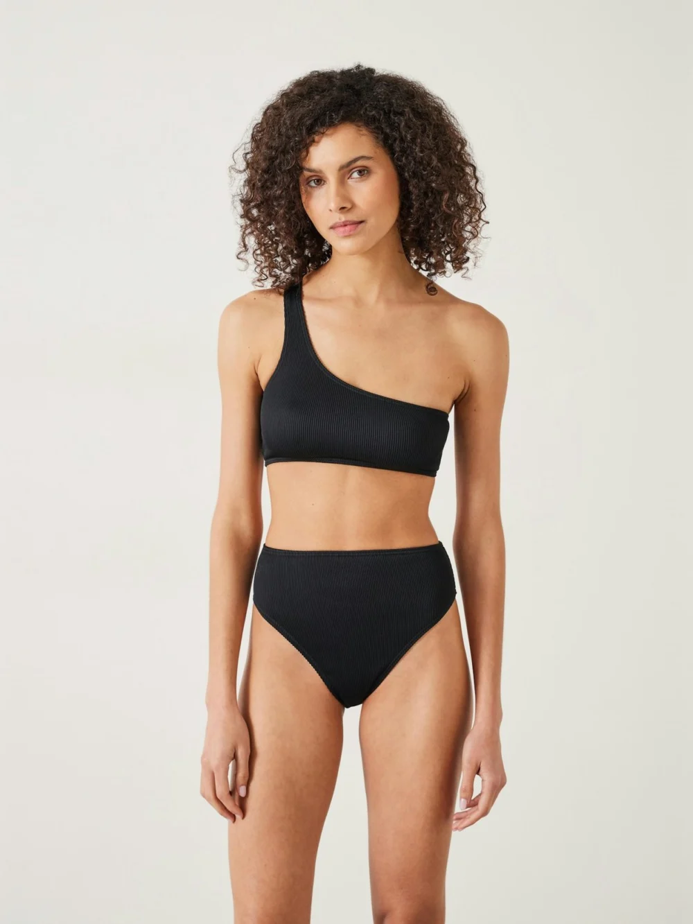 hush Olivia One Shoulder Rib Bikini Top in black