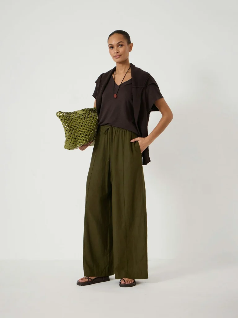 hush Petunia Linen Blend Wide Leg Trousers in Khaki Green