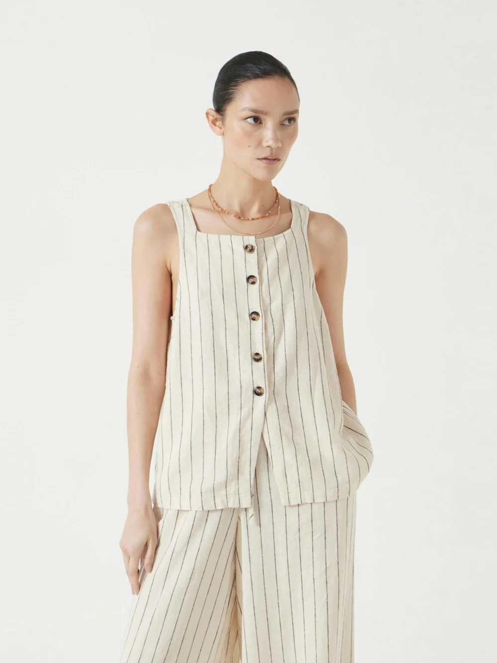 hush Phoebe Linen Blend Stripe Waistcoat in ecru black stripe