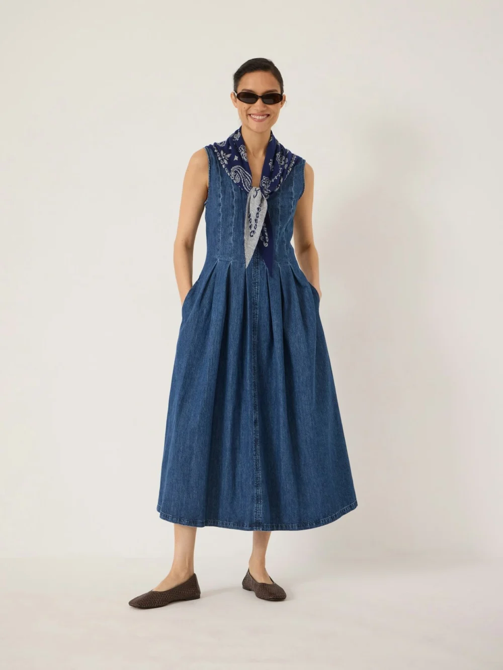hush Priya Denim Pleated Midi Dress in mid authentic wash