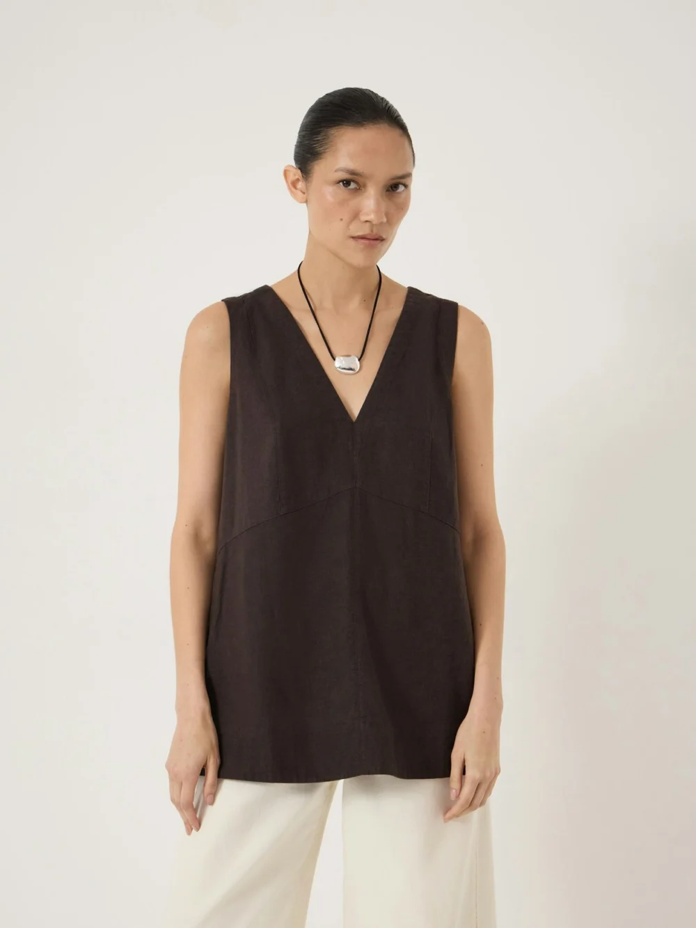 hush Rach V Neck Linen Blend Shell Top in dark brown