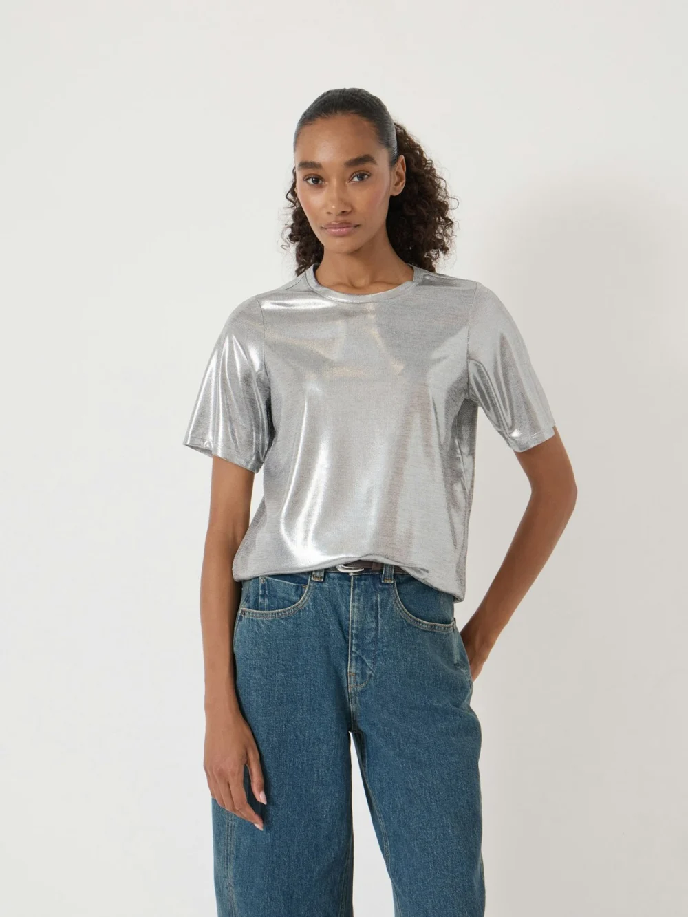 hush Reece Crew Neck Metallic Slub T-Shirt in silver metallic