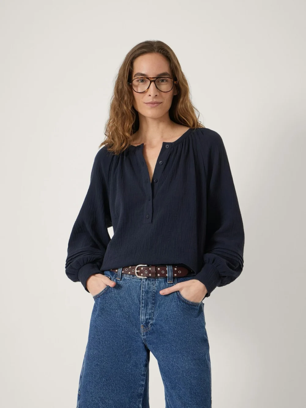 hush Rhea Cotton Cheesecloth Blouse in Navy Blue