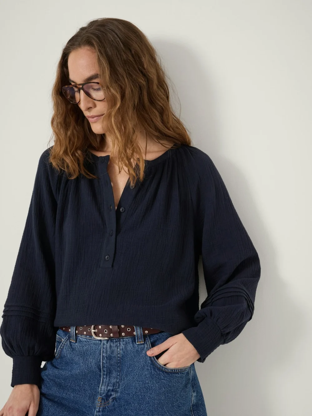 hush Rhea Cotton Cheesecloth Blouse in Navy Blue, view 2