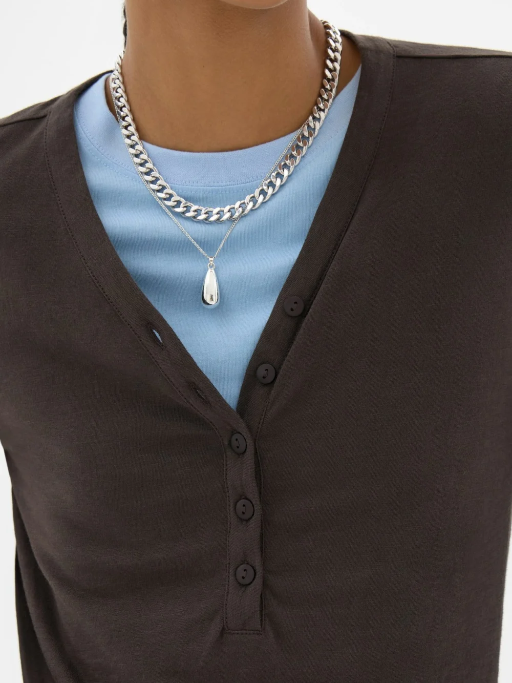 hush Roe Cotton Slub Henley T-Shirt in Dark Brown, view 2