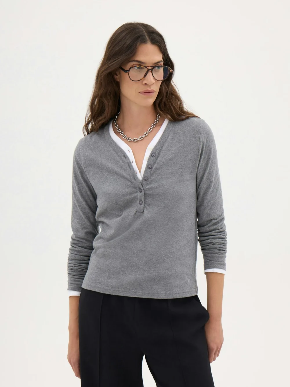 hush Roe Cotton Slub Henley T-Shirt in Dark Grey Marl