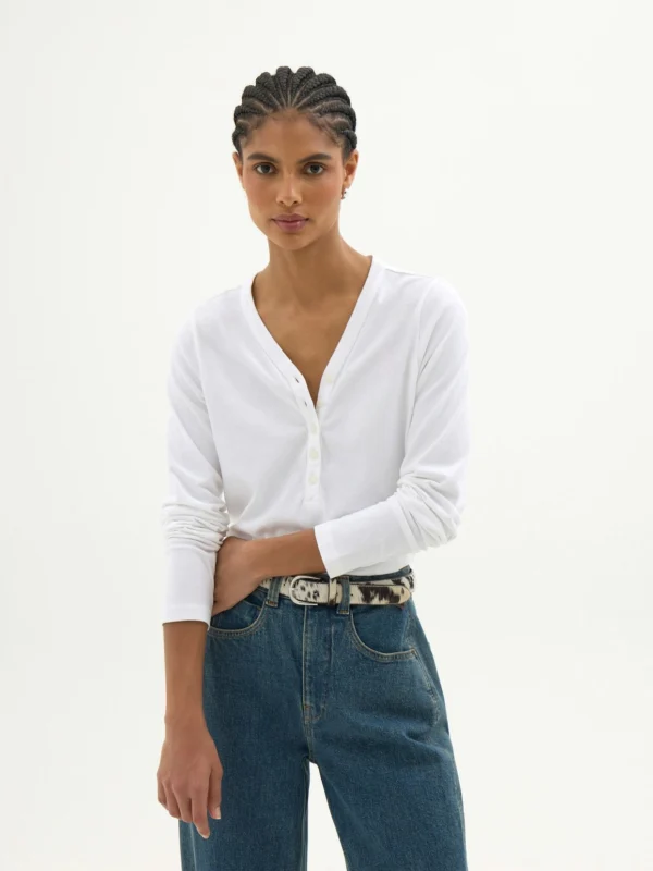 hush Roe Cotton Slub Henley T-Shirt in Off White