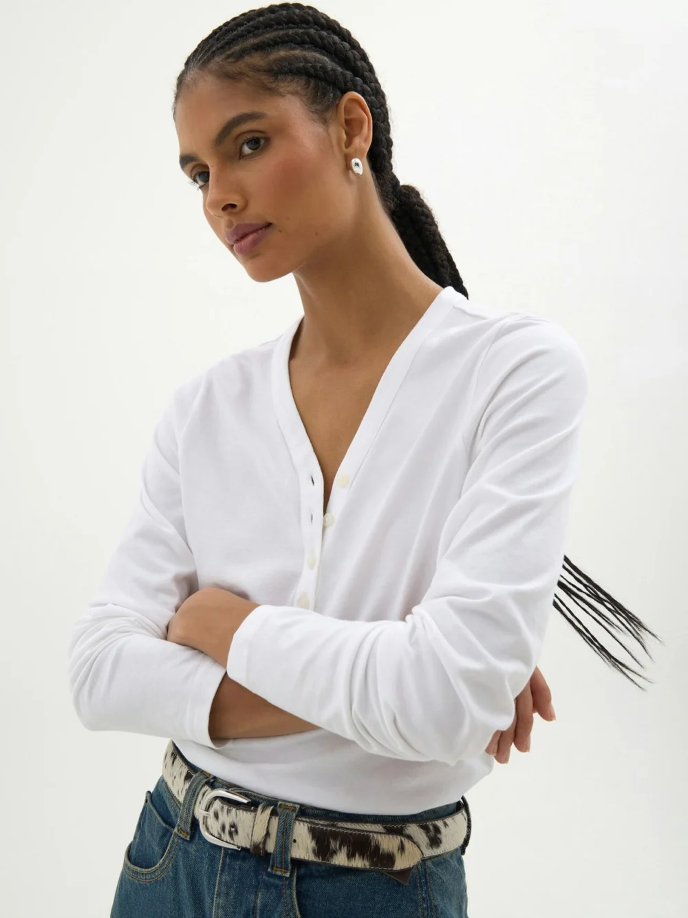 hush Roe Cotton Slub Henley T-Shirt in Off White, view 2