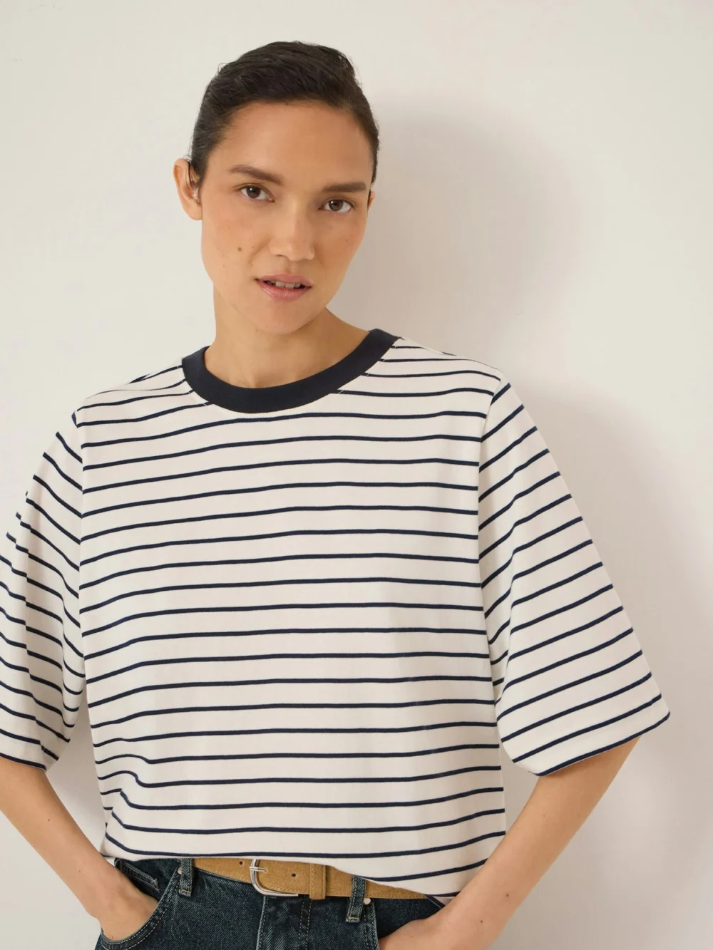 hush Romina Heavyweight Cotton T-Shirt in Navy, view 2