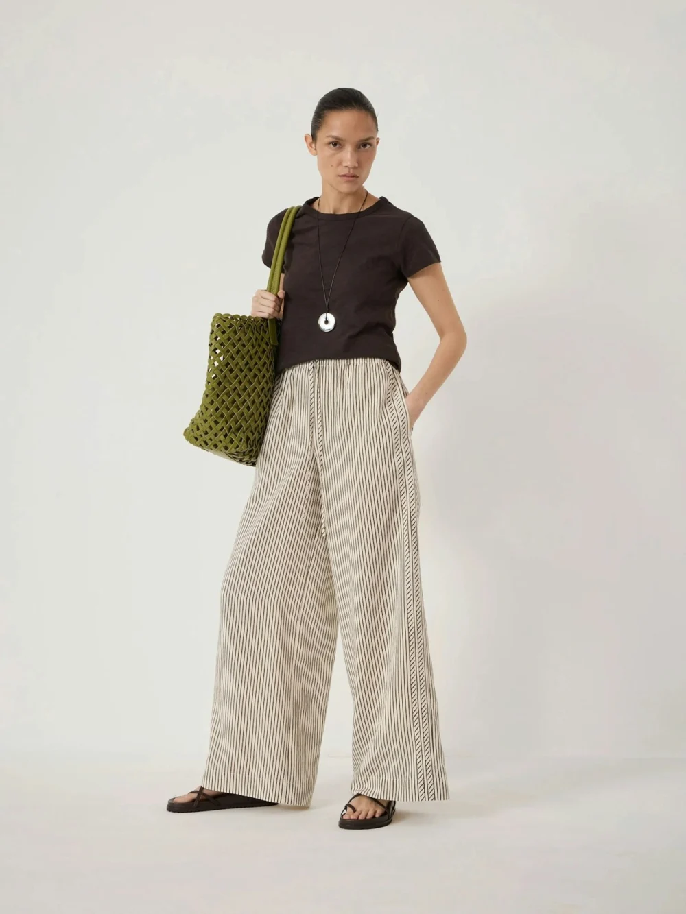 hush Sami Striped Side Detail Trousers in Green Stripe White