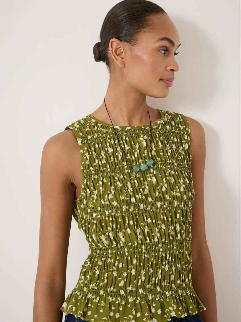 hush Shirred Chiffon Top in Ditsy Floral Green, view 2