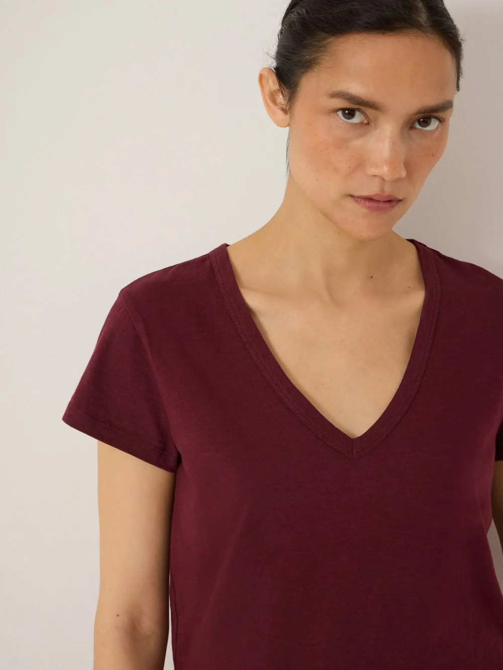 hush Slim Fit Slub Cotton V Neck T-Shirt in Wine Red, view 2