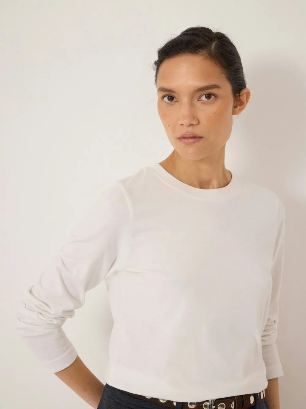 hush Slim Long Sleeve T-Shirt in White, view 2