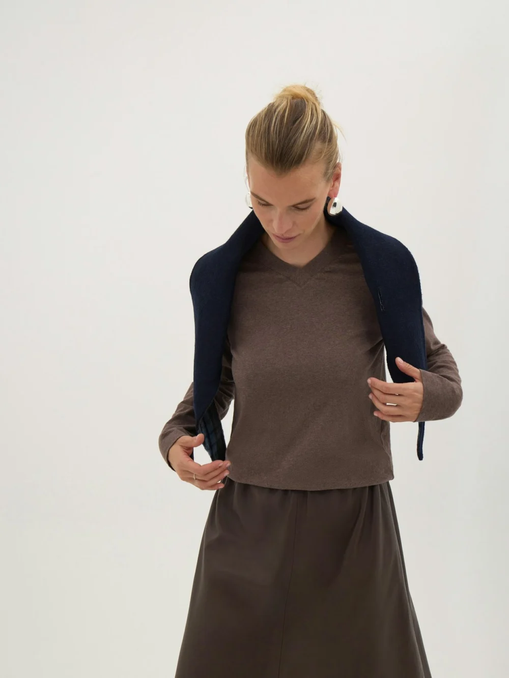 hush Slim V Neck Long Sleeve T-Shirt in Mid Brown Marl, view 2