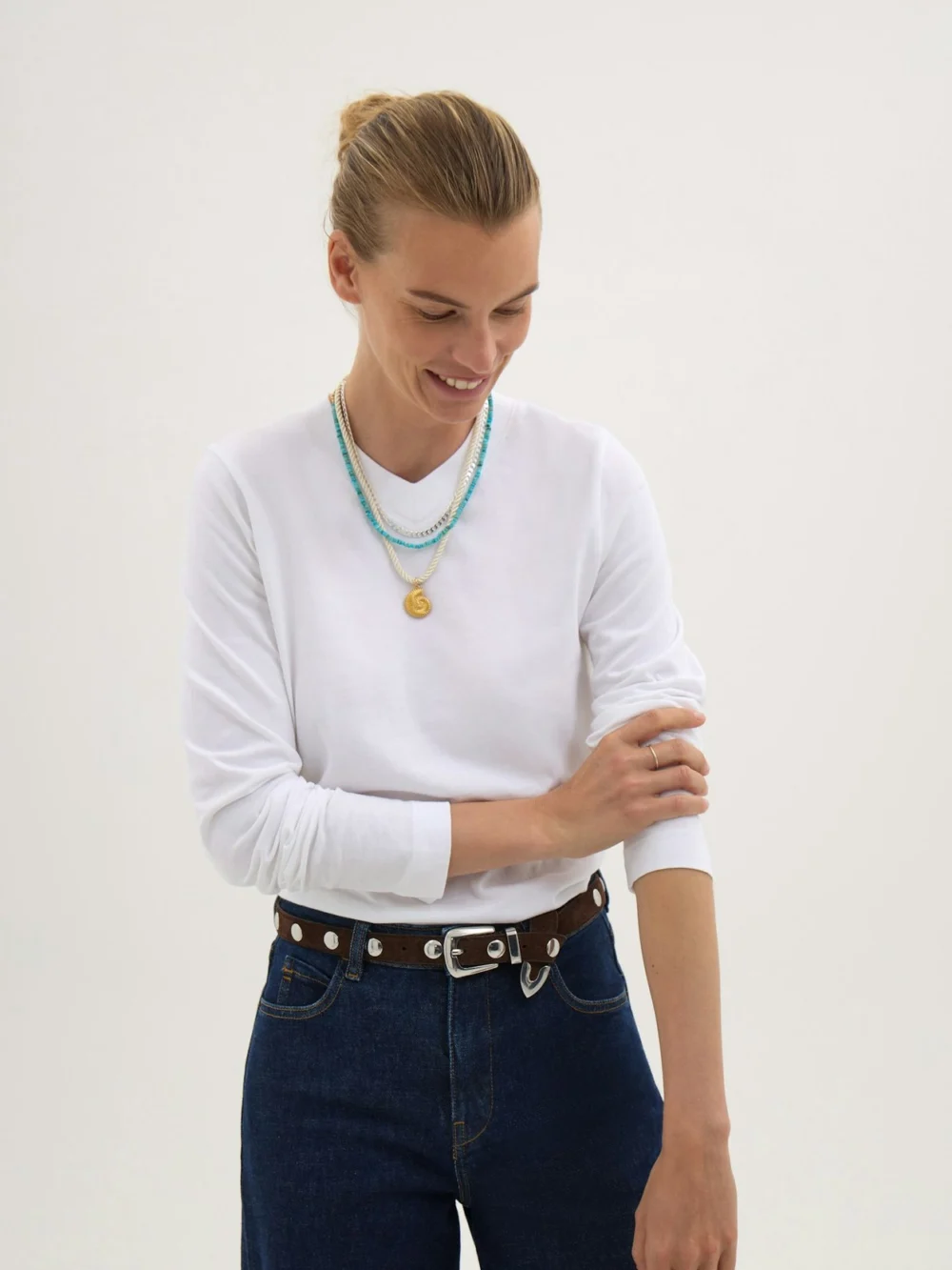 hush Slim V Neck Long Sleeve T-Shirt in White