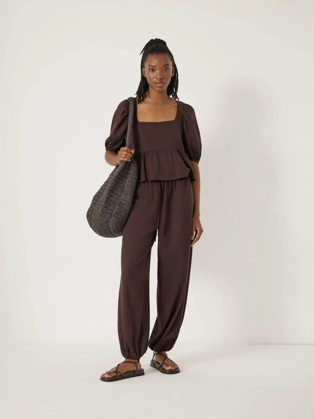 hush Tove Linen Balloon Beach Trousers in Dark Brown