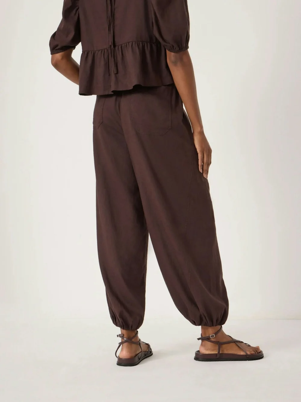 hush Tove Linen Balloon Beach Trousers in Dark Brown, view 2