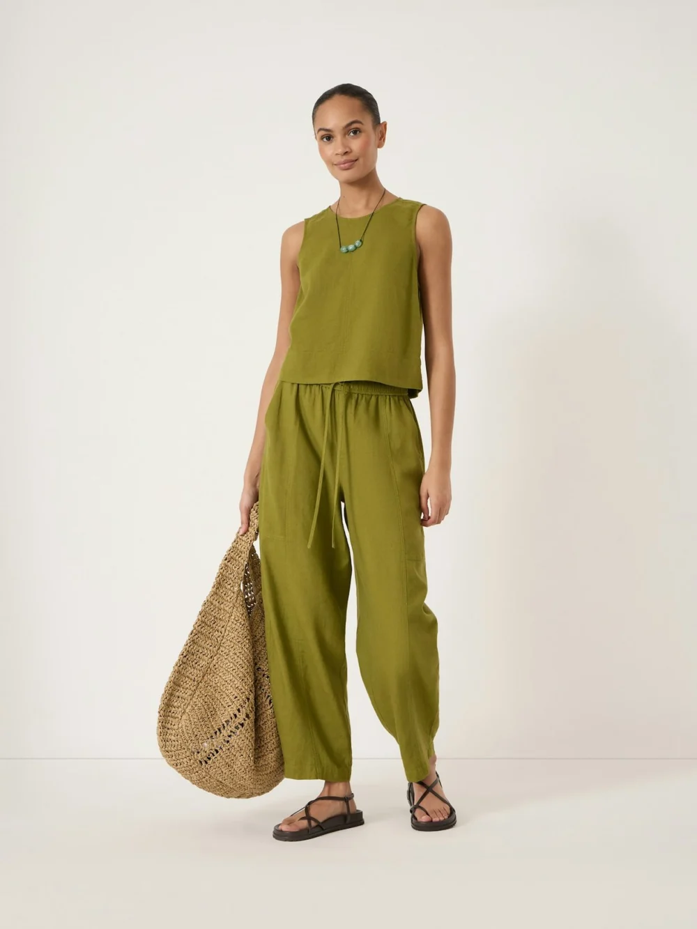 hush Tovi Linen Blend Barrel Leg Trousers in Olive