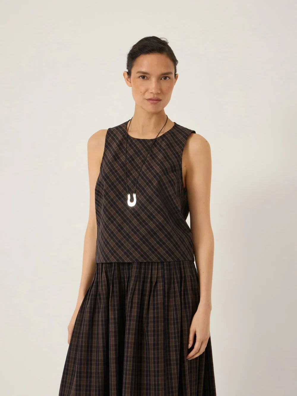 hush Vera Cotton Check Shell Top in dark brown check