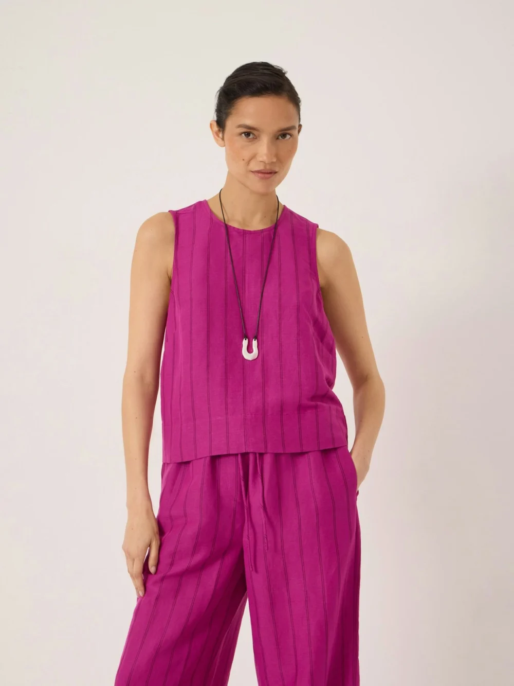 hush Vera Stripe Linen Blend Shell Top in orchid stripe pink