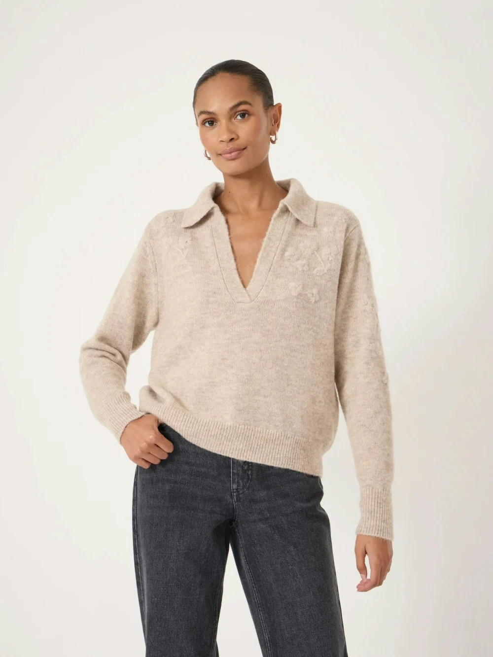 hush Wool Blend Collar Detail Jumper with Flower Embroidery in oatmeal