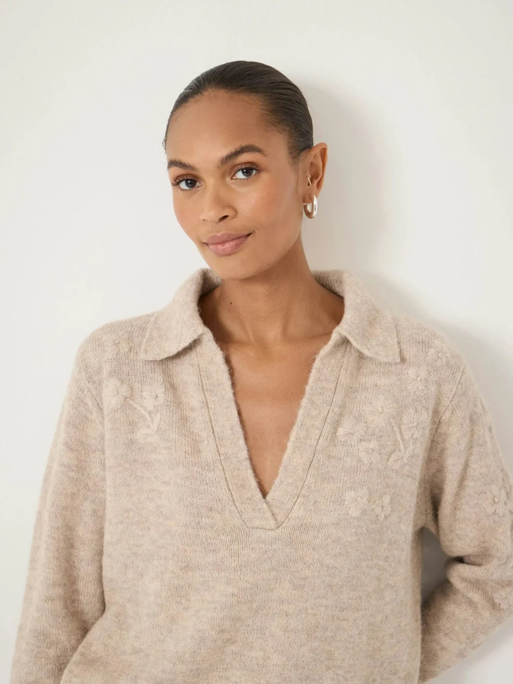 hush Wool Blend Collar Detail Jumper with Flower Embroidery, view 2