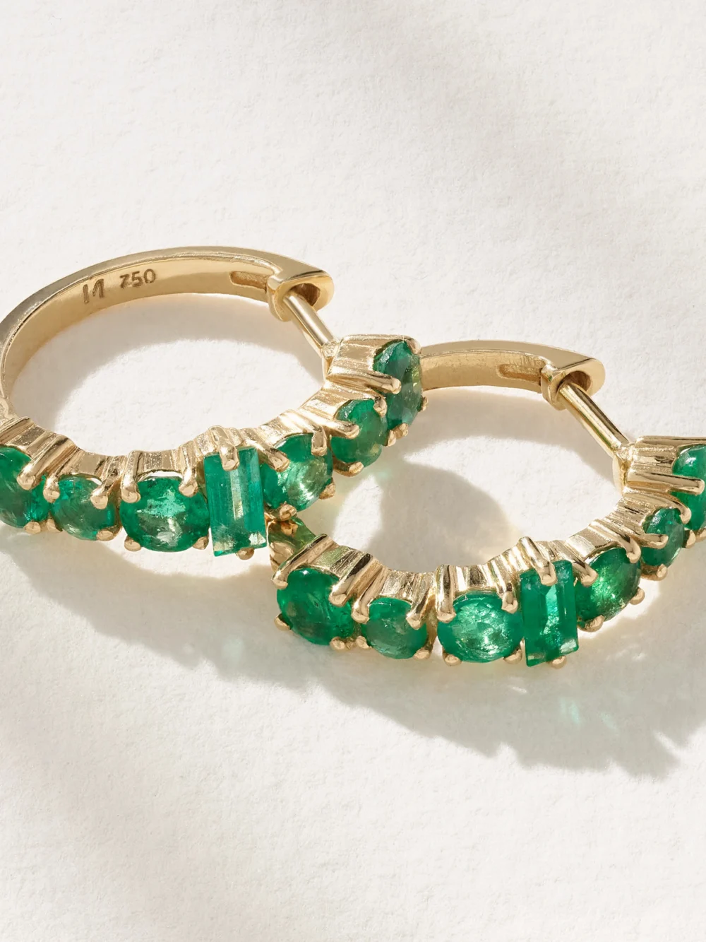 Close-up detail of the Ileana Makri 18-karat Gold Emerald Hoop Earrings