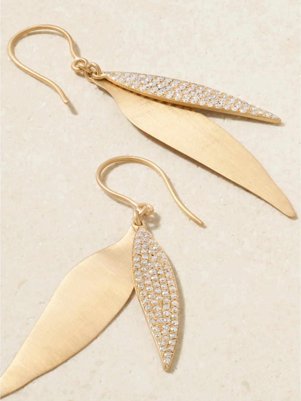 Close-up detail of the Ileana Makri Falling Leaves 18-karat Gold Diamond Earrings