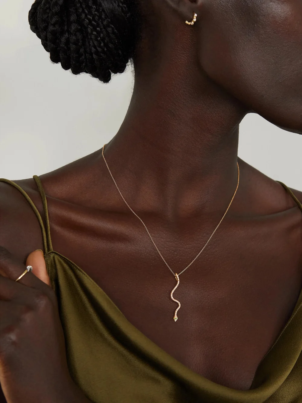 Ileana Makri Lucky Snake 18-karat Gold, Diamond and Tsavorite Necklace, styled view