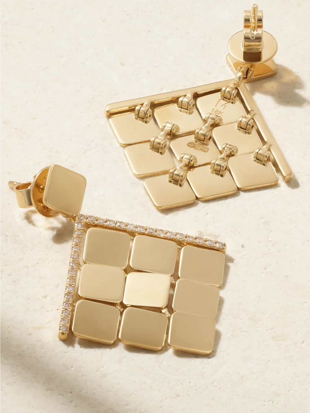 Close-up detail of the Ileana Makri Medium Tile 18-karat Gold Diamond Earrings