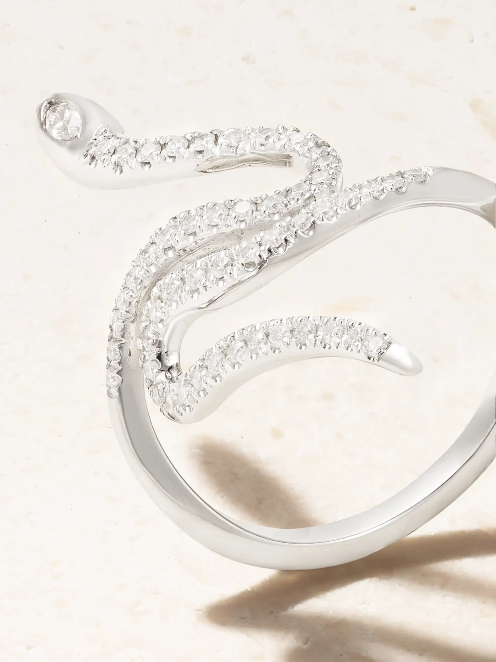 Close-up detail of the Ileana Makri Queen Curled Snake 18-karat White Gold Diamond Ring