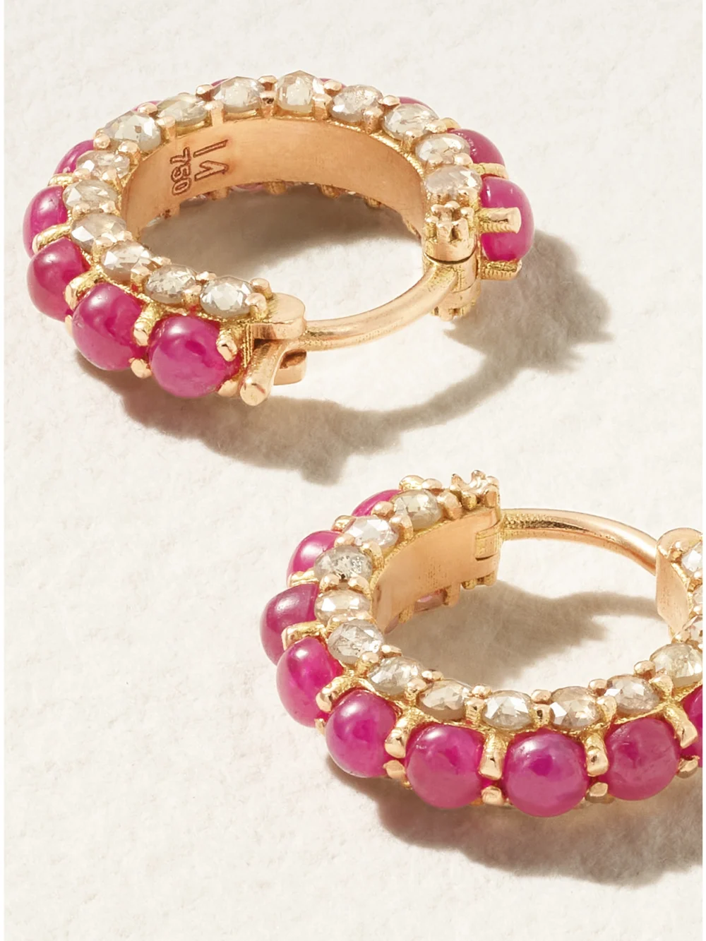 Close-up detail of the Ileana Makri Streamflow 18-karat Rose Gold, Ruby and Diamond Hoop Earrings