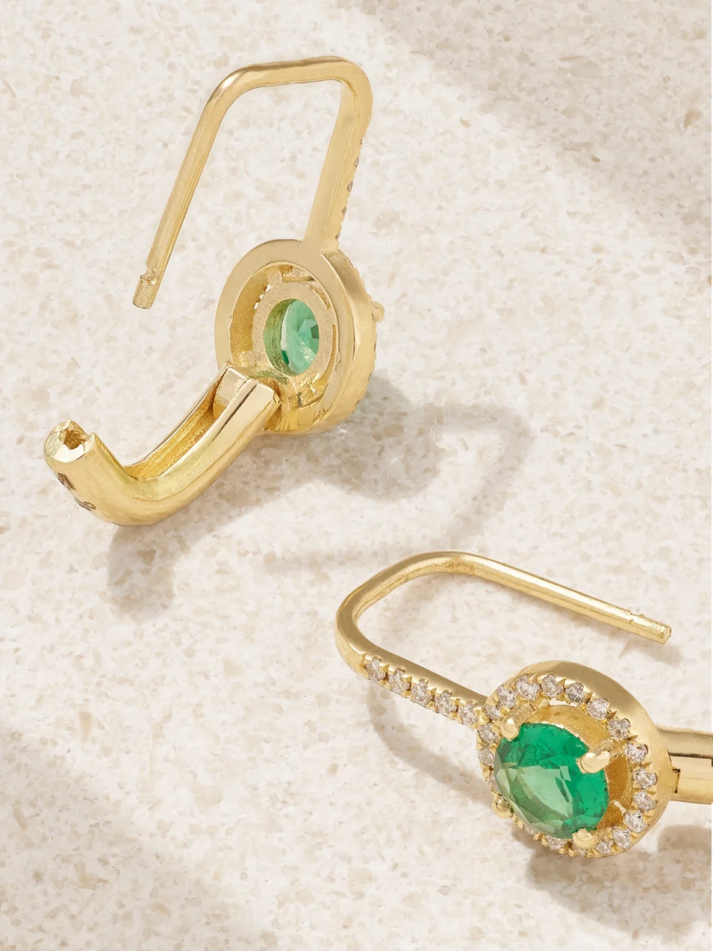 Close-up detail of the Ileana Makri Waterfall 18-karat Gold, Emerald and Diamond Earrings