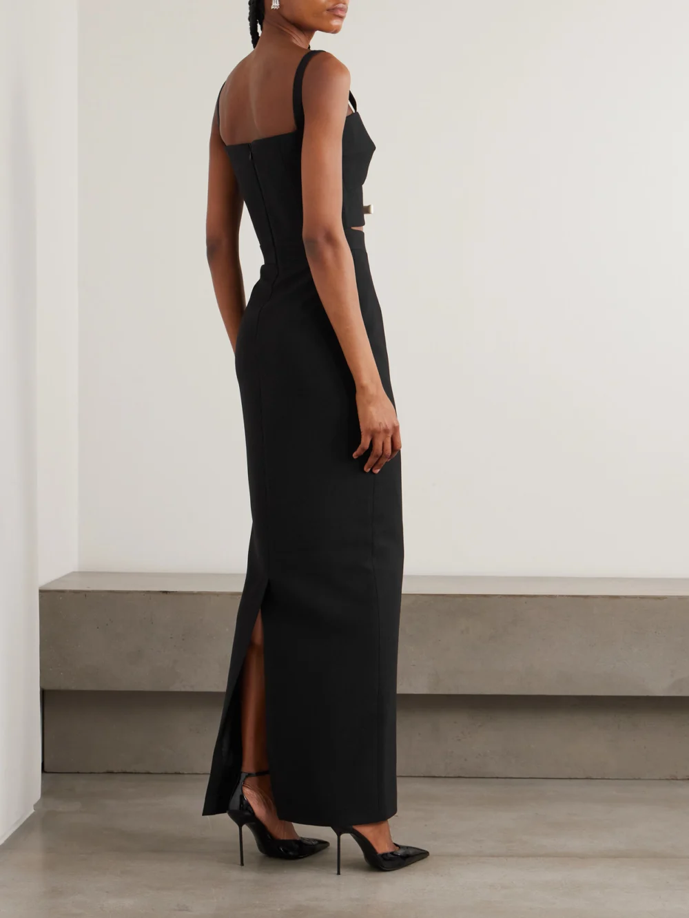 Back view of the Ilkyaz Ozel Ambrosia Satin-trimmed Cutout Crepe Gown