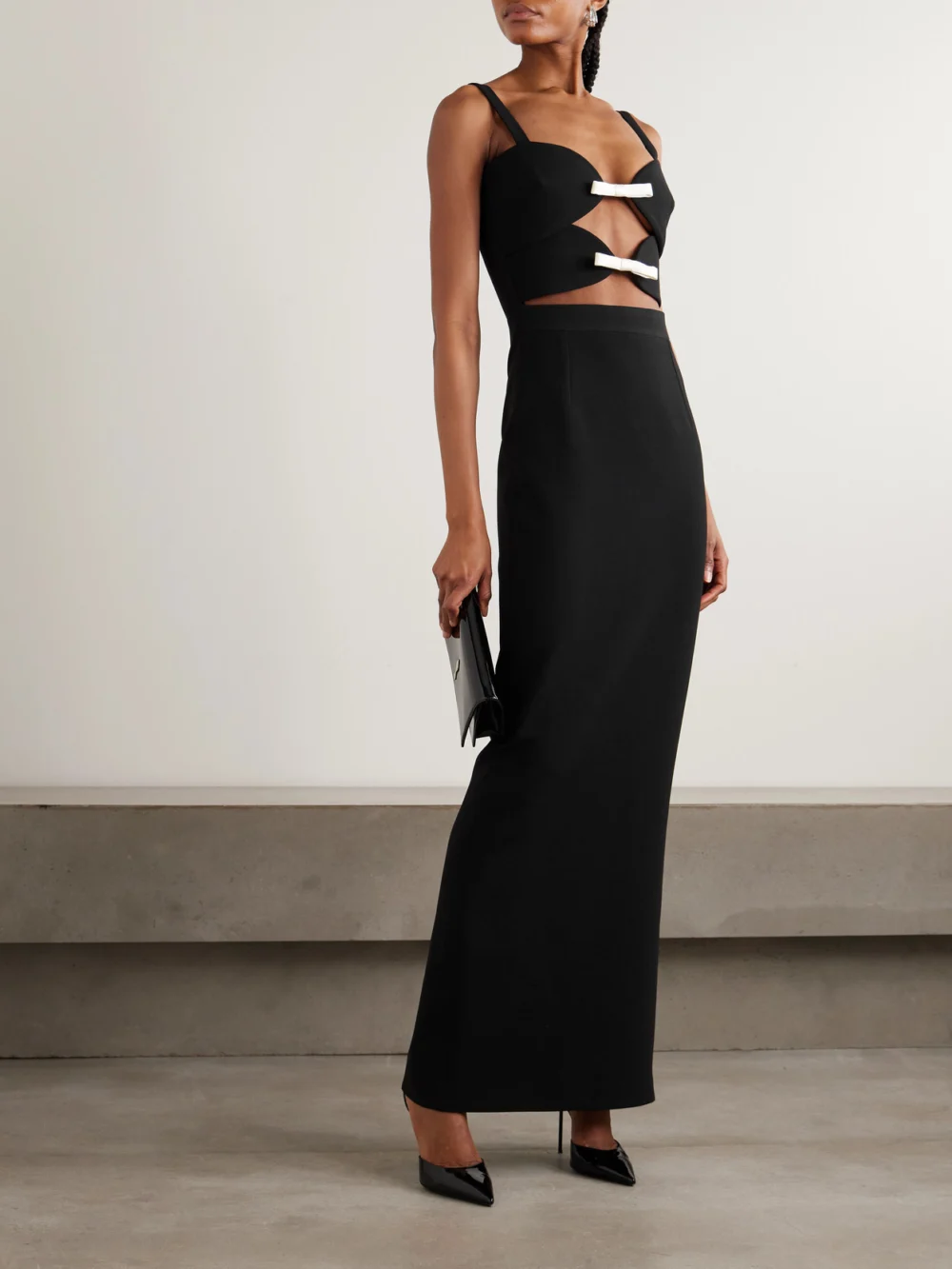 Ilkyaz Ozel Ambrosia Satin-trimmed Cutout Crepe Gown, worn by a model